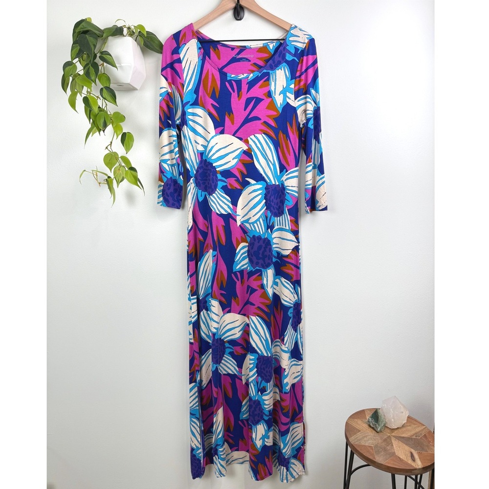 Soft Surroundings Serena Maxi Dress Blue Pink 3/4 Sleeve Side Slit S Resort Boho